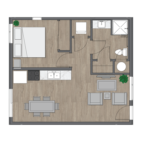 Floor plan for 1 bed, 1 bath, 538 sqft